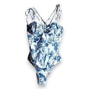 Womens 1 Piece Swimsuit Ruched‎ Sweetheart Neckline Tie Straps Blue Floral L NEW